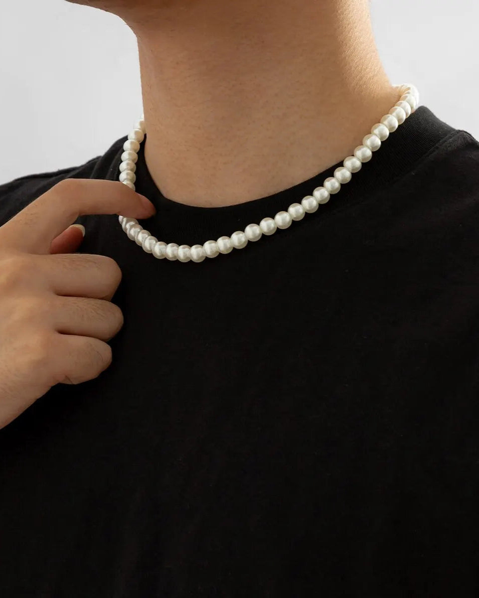Simple Imitation-Pearl Beaded Short Choker Necklace for Men Trendy White Beaded Chains on Neck Accessories 2023 Fashion Jewelry