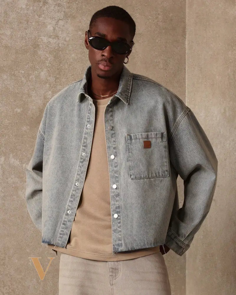 SUMWON Oversized Cropped Denim Shirt Raw Edge Jacket Fall Winter Essential Long Sleeve Streetwear Transitional Workwear Classic Grunge Fashion Statement Piece