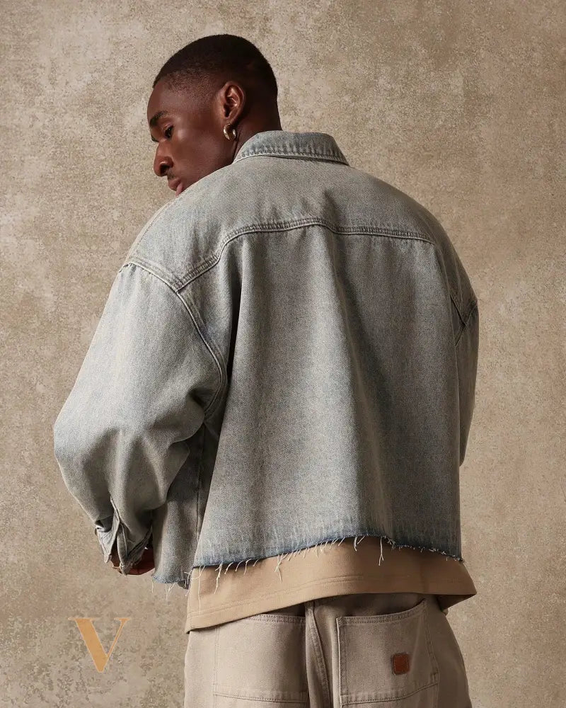 SUMWON Oversized Cropped Denim Shirt Raw Edge Jacket Fall Winter Essential Long Sleeve Streetwear Transitional Workwear Classic Grunge Fashion Statement Piece