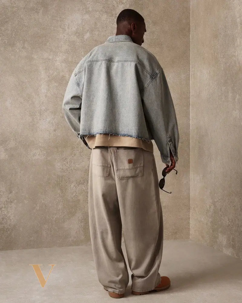 SUMWON Oversized Cropped Denim Shirt Raw Edge Jacket Fall Winter Essential Long Sleeve Streetwear Transitional Workwear Classic Grunge Fashion Statement Piece
