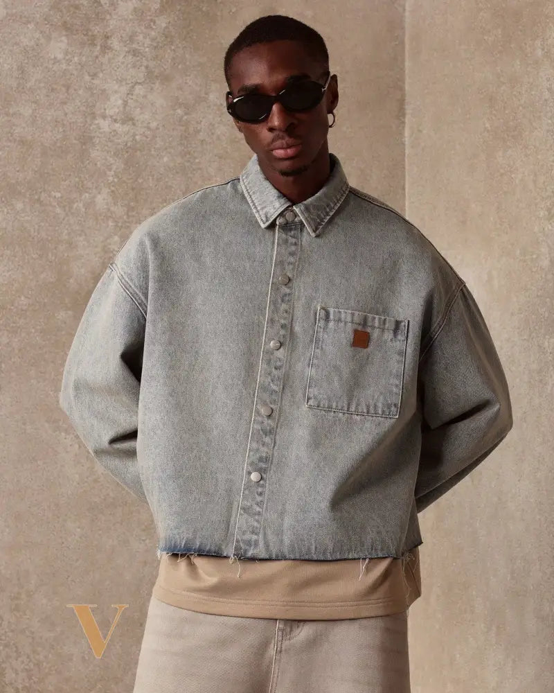 SUMWON Oversized Cropped Denim Shirt Raw Edge Jacket Fall Winter Essential Long Sleeve Streetwear Transitional Workwear Classic Grunge Fashion Statement Piece