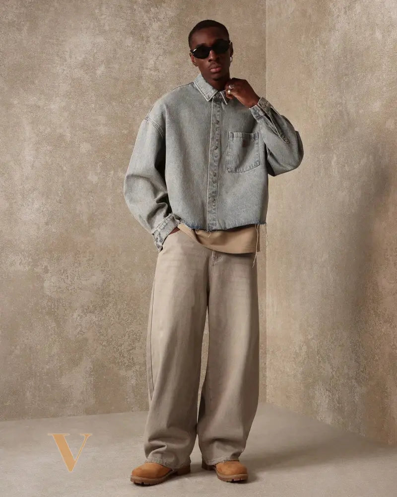 SUMWON Oversized Cropped Denim Shirt Raw Edge Jacket Fall Winter Essential Long Sleeve Streetwear Transitional Workwear Classic Grunge Fashion Statement Piece