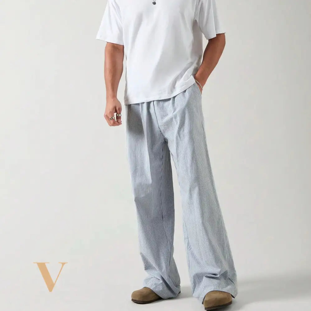 SWAVVY Men'S Woven Casual Striped Straight Pants, Long Vacation Slacks Pants, for Husband, Boyfriend Gifts