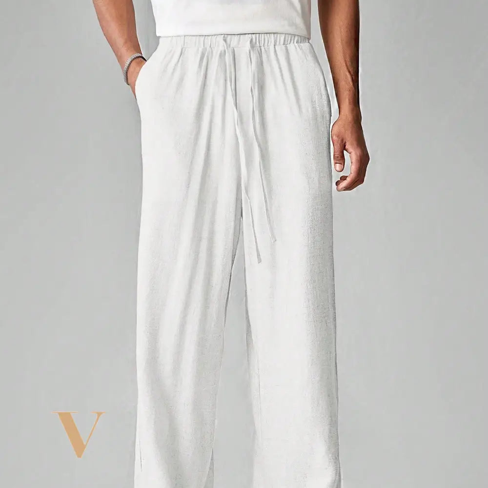 SWAVVY Men'S Casual Woven Solid Color Straight Fit Pants, Linen-Like Texture, Everyday & Young Style