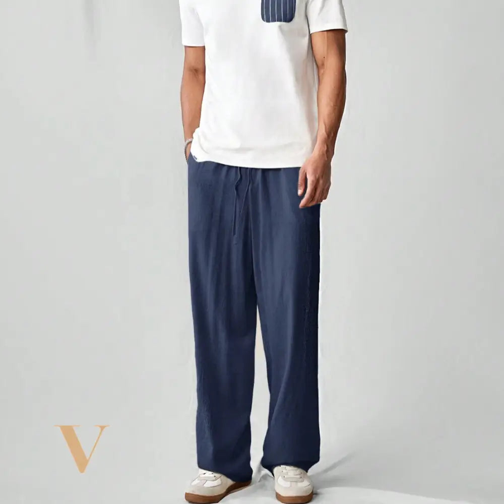 Linen Straight Fit Bottoms Navy Blue / S