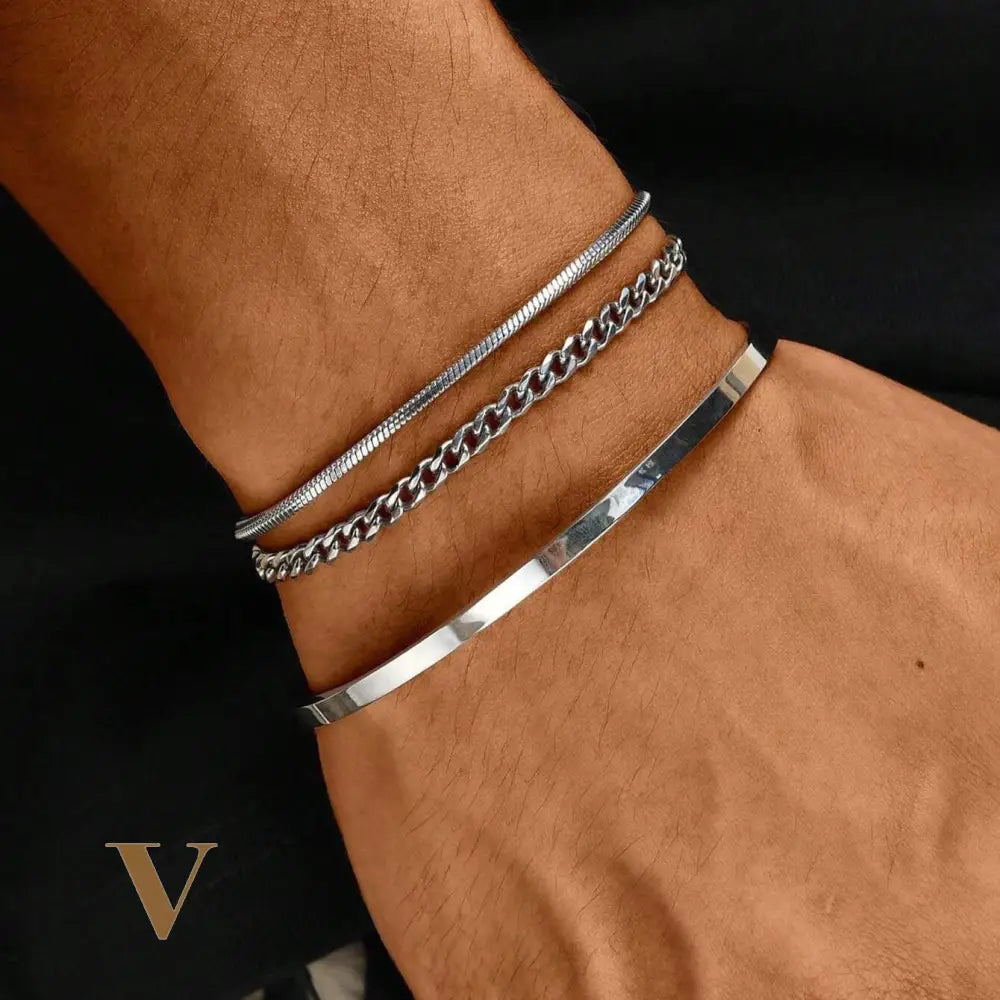 3Pcs/Set Stainless Steel Silver C-Shape Adjustable Bangle Bracelet with Chain Suit, Simple & Fashionable Accessory for Men, Suitable for Father'S Day, Valentine'S Day, Dates, Boyfriend Birthday Gift Valentines