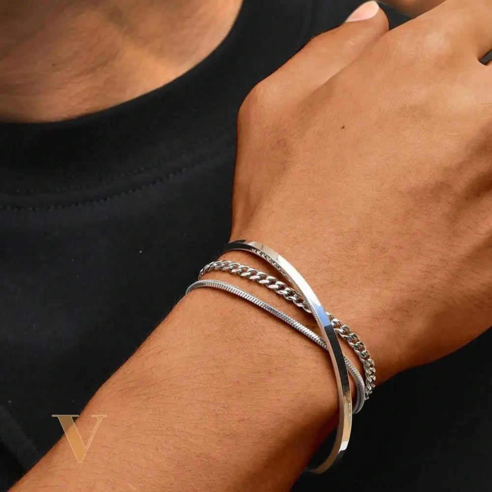 3Pcs/Set Stainless Steel Silver C-Shape Adjustable Bangle Bracelet with Chain Suit, Simple & Fashionable Accessory for Men, Suitable for Father'S Day, Valentine'S Day, Dates, Boyfriend Birthday Gift Valentines