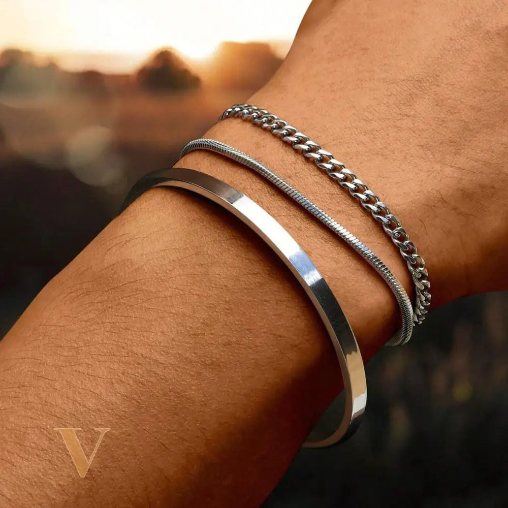 3Pcs/Set Stainless Steel Silver C-Shape Adjustable Bangle Bracelet with Chain Suit, Simple & Fashionable Accessory for Men, Suitable for Father'S Day, Valentine'S Day, Dates, Boyfriend Birthday Gift Valentines