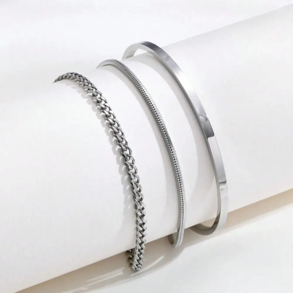 3Pcs/Set Stainless Steel Silver C-Shape Adjustable Bangle Bracelet with Chain Suit, Simple & Fashionable Accessory for Men, Suitable for Father'S Day, Valentine'S Day, Dates, Boyfriend Birthday Gift Valentines